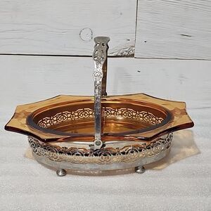Vintage Cambridge Glass Amber 8 1/4" No. 428 1/2 Divided Dish w/ Metal Basket